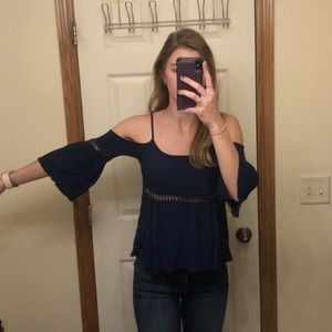 Off the shoulder navy runway story top